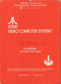 Home Run (1•8 Baseball / Atari, Inc.) Box Art