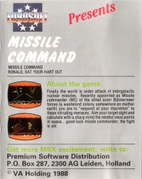 Missile Command (cassette) Box Art