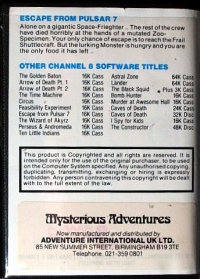 Escape from Pulsar 7 (Adventure International) Box Art