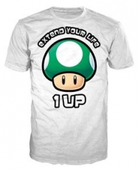 Super Mario - Extend Your Life; 1 UP - 1-up Mushroom T-Shirt (white) Box Art